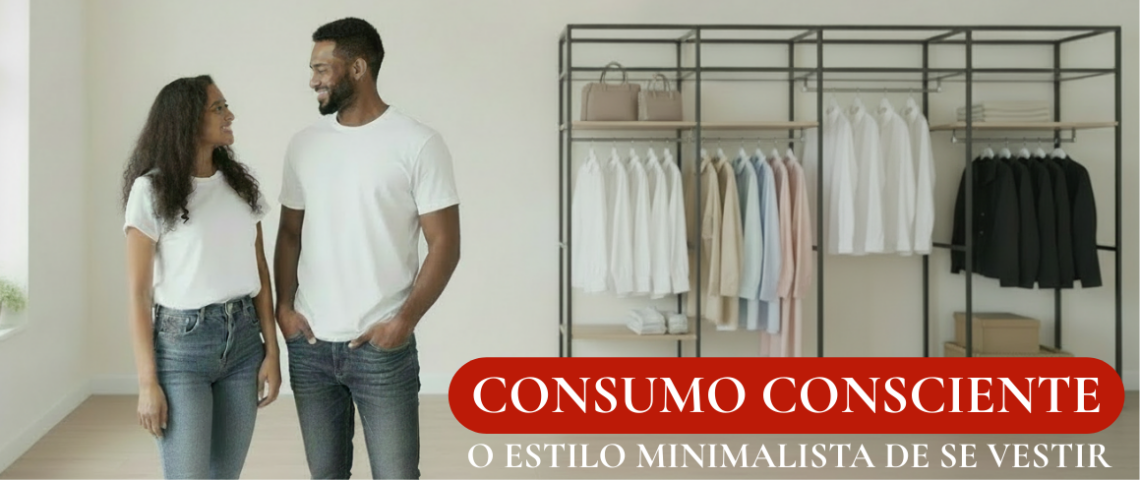 Um casal de roupas básicas, jeans e camisetas, se olha contente. Ao fundo, um guarda-roupas com suas peças organizadas por cor demonstra a importância de se investir em roupas que são fáceis de combinar