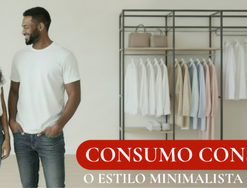 Um casal de roupas básicas, jeans e camisetas, se olha contente. Ao fundo, um guarda-roupas com suas peças organizadas por cor demonstra a importância de se investir em roupas que são fáceis de combinar