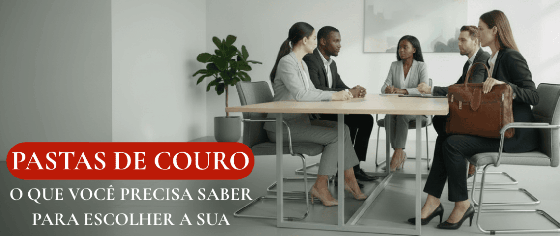 Pessoas em uma sala de reunião conversam sobre assuntos de trabalho. Todos estão com roupas executivas e, no colo de uma mulher, se destaca uma Pasta Executiva modelo Lab.